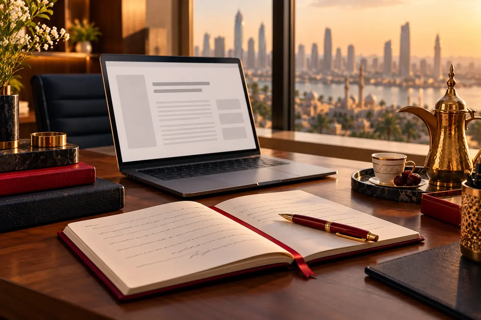Arabic content writing desk with notebook and coffee