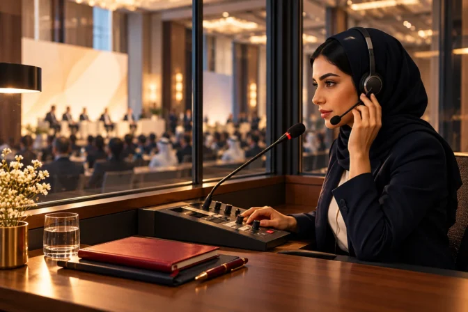 Home 32 Conference interpreter working in a glass interpretation booth