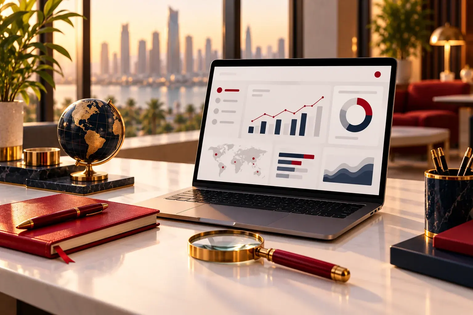 Multilingual SEO analytics on a laptop with a magnifying glass